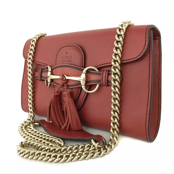 GUCCI Emily Horse Bit Leather Chain Shoulder Bag Red - Picture 3 of 11